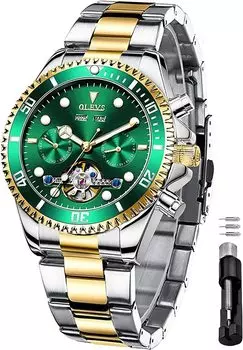 OLEVS Men s Watch - Mechanical Arm Watch - Automatic Watch - Waterproof Luminous Date - Hollow Dial Stainless Steel Green…