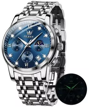 OLEVS Men s Watch Moon Phase Timer Quartz Waterproof Luminous Date Stainless Steel Simple Men s Watch Blue Fashion Watch for men