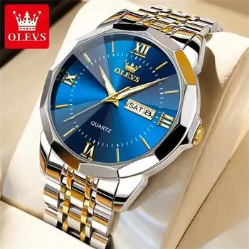 OLEVS Men s Watches Luxury Rhombus Mirror Minimalist Style Men s Quartz Wristwatch Dual Calendar Business Man Waterproof Watches золотой/синий