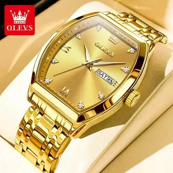 OLEVS Men s Watches Luxury Tonneau Golden Quartz Watch for Men Waterproof Luminous Week Date Wristwatch золотой