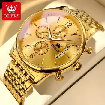 OLEVS Men s Waterproof Luminous Wrist Watch Quartz Stainless Steel Watch for Men Gold Business Watches золотой