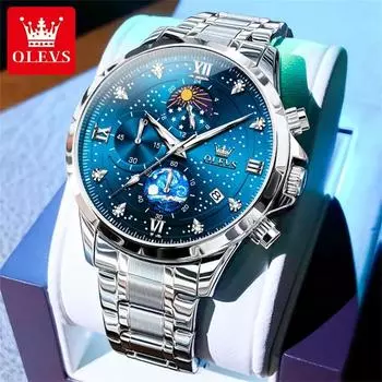 OLEVS Mens Quartz Watches Stainless Steel Strap Luxury Moon Phase Luxury Wrist Watches for Men Waterproof Luminous Male Watches золотой/синий