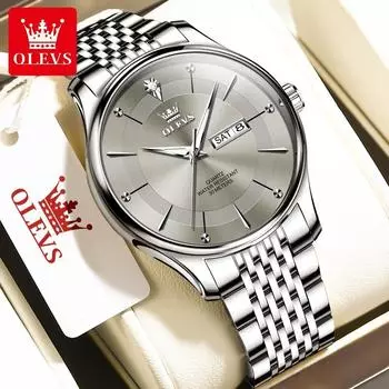 OLEVS Модные часы с двойным календарем, светящиеся водонепроницаемые кварцевые мужские часы, мужские часы