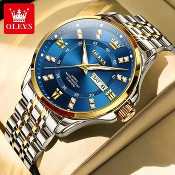 OLEVS Модные кварцевые часы Подарочные круглые наручные часы из нержавеющей стали с ремешком для часов с календарем и дисплеем на неделю для мужчин синий/золотой
