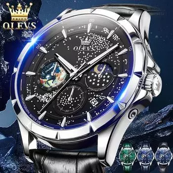 OLEVS модные кварцевые часы со звездным небом для мужчин, многофункциональные часы с светящимся хронографом и фазой Луны чёрный