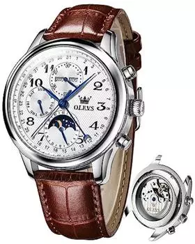 OLEVS Мужские автоматические часы Популярные механические наручные часы Мужские кожаные скелетонированные часы с фазами Луны Бизнес Дата Календарь циферблат Мужские часы водонепроницаемые белые