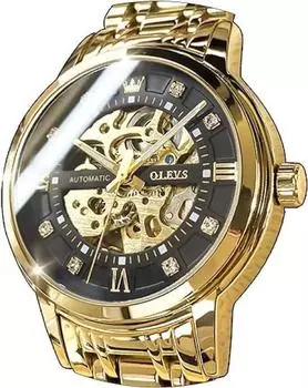 OLEVS Мужские автоматические часы Стильные механические наручные часы Популярные деловые светящиеся крутые водонепроницаемые модные скелетонированные подарочные черные