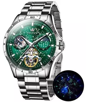 OLEVS Мужские автоматические механические часы Starry Sky Dial Leather Strap Водонепроницаемые часы для мужчин Черные