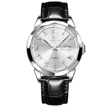 OLEVS Мужские часы, Черные, Водонепроницаемые часы, Кожаный ремешок, Деловые часы для мужчин, Простые, Светящиеся, Популярные часы, Крутые кварцевые часы, Стильные мужские,