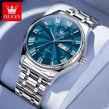 OLEVS Мужские часы Деловые спортивные мужские часы из цельной стали с римской шкалой водонепроницаемые светящиеся кварцевые часы с двойным календарем синий/серебряный