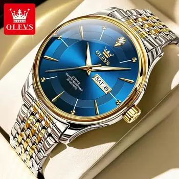 OLEVS Мужские часы из нержавеющей стали класса люкс Кварцевые часы Бизнес Мода Календарь Неделя Водонепроницаемые мужские часы синий/золотой