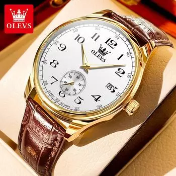 OLEVS мужские часы кварцевые часы для мужчин кожаный ремешок роскошные деловые наручные часы дата водонепроницаемые арабские цифры маркеры белый/золотой