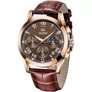 OLEVS Мужские часы, Легкие, Наручные часы, Водонепроницаемые, Для мужчин - Аналоговые кварцевые, Легкие часы, Коричневый, Джентльменская дата, День недели, Хронограф