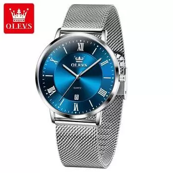 OLEVS Мужские часы Минимализм Ультратонкие Оригинальные кварцевые наручные часы Водонепроницаемые Светящиеся сетчатые часы с календарем Подарки серебряный/синий