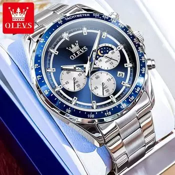 OLEVS Мужские часы многофункциональные модные кварцевые часы подарочные круглые наручные часы из нержавеющей стали с ремешком для часов с фазами Луны и календарем с подсветкой белый