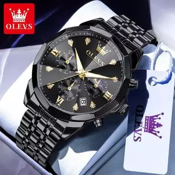 OLEVS Мужские часы модные оригинальные кварцевые часы с фазой Луны водонепроницаемые светящиеся автоматические часы с датой из нержавеющей стали подарки чёрный