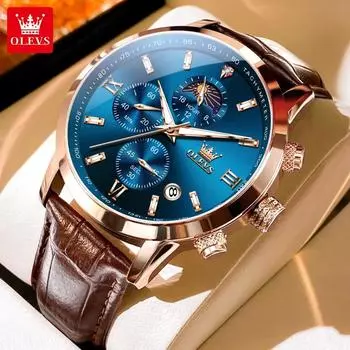 OLEVS Мужские часы оригинальные удобные кварцевые часы кожаный ремешок водонепроницаемые светящиеся часы фазы Луны для мужчин автоматические часы с датой чёрный/белый
