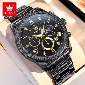 OLEVS Мужские часы Оригинальный бренд Водонепроницаемые светящиеся кварцевые часы Moon Phase Многофункциональные часы-хронограф Подарки чёрный/розового золота