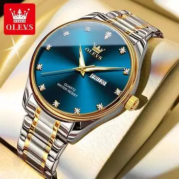 OLEVS Мужские часы, полностью золотые наручные часы, классические часы из нержавеющей стали с двойным календарем, деловые часы синий