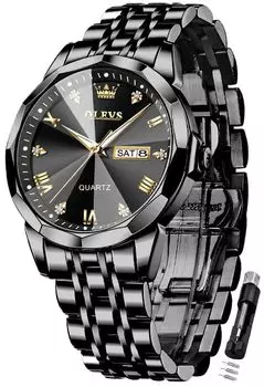 OLEVS Мужские часы с бриллиантами на руку Мужские стильные популярные кварцевые аналоговые деловые водонепроницаемые светящиеся часы для мужчин (Черный-9931)