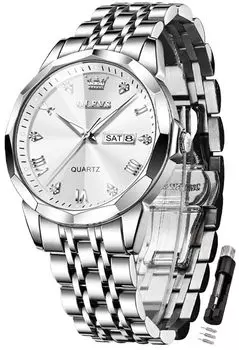 OLEVS Мужские часы с бриллиантами на руку Мужские стильные популярные кварцевые аналоговые деловые водонепроницаемые светящиеся часы для мужчин (Белый-9931)