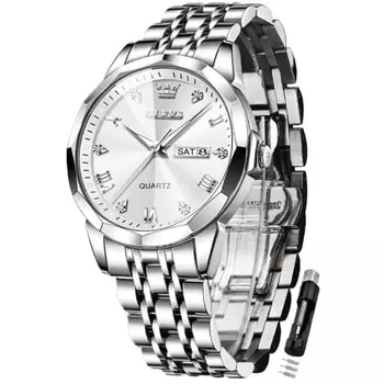 OLEVS Мужские часы с бриллиантами на руку Мужские стильные популярные кварцевые аналоговые деловые водонепроницаемые светящиеся часы для мужчин (Белый-9931)