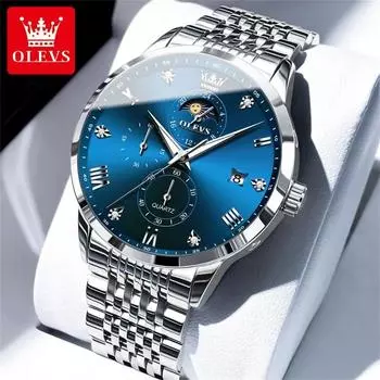 OLEVS мужские часы топовый бренд мода оригинальные кварцевые часы для мужчин водонепроницаемые светящиеся фазы Луны дата хронограф наручные часы синий/серебряный