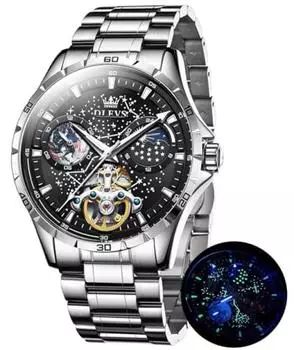 OLEVS Мужские классные автоматические часы с механическим механизмом, роскошный циферблат со звездным небом, скелетон, мужские водонепроницаемые часы для мужчин, черные