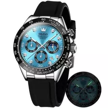 OLEVS Мужские классные кварцевые аналоговые часы с фазами Луны, водонепроницаемые, светящиеся, дата, секундомер, кристалл, наручные часы, мужские, синие