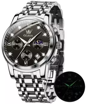 OLEVS Мужские кварцевые часы с фазами Луны Водонепроницаемые Светящиеся часы с датой и таймером из нержавеющей стали Простые модные часы для мужчин (черный)