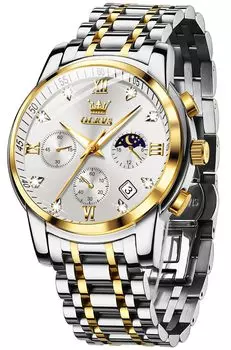 OLEVS Мужские кварцевые часы с фазами Луны, водонепроницаемые, из нержавеющей стали, с подсветкой, с указанием даты, для мужчин, белые