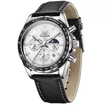 OLEVS Мужские кварцевые популярные наручные часы для студентов, деловые, студенческие, хронограф, часы с фазами Луны, для мужчин, настоящие, светящиеся, водонепроницаемые, с кожаным ремешком, белые