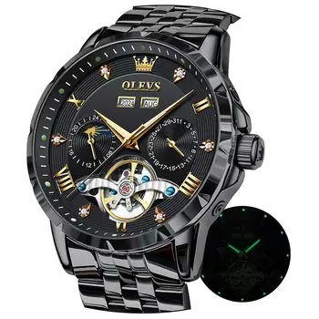 OLEVS Мужские механические автоматические часы с фазами Луны, стильные, водонепроницаемые, популярные, светящиеся, черные
