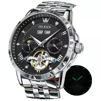 OLEVS Мужские механические автоматические часы с фазами Луны, стильные, водонепроницаемые, популярные, светящиеся, черные и белые часы для мужчин