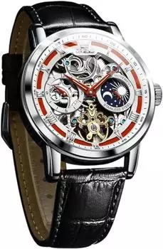 OLEVS Мужские механические часы с автоматическим и ручным заводом, кожаные модные мужские часы, кожаный скелетон, фазы Луны, светящиеся лунные водонепроницаемые часы для мужчин, красные