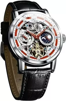 OLEVS Мужские механические часы с автоматическим и ручным заводом, кожаные модные мужские часы, кожаный скелетон, фазы Луны, светящиеся лунные водонепроницаемые часы для мужчин, красные