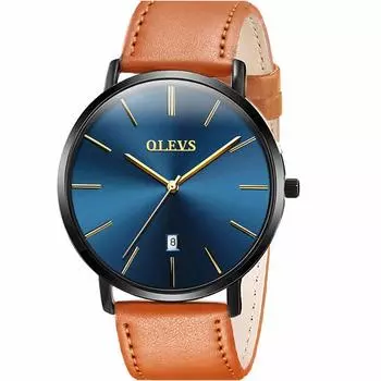 OLEVS Мужские наручные часы Стильные ультратонкие кварцевые часы с кожаным ремешком и аналоговым дисплеем даты для мужчин