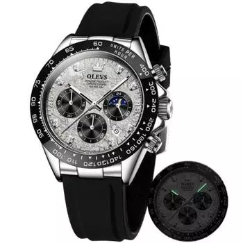 OLEVS Мужские популярные кварцевые наручные часы с хронографом и фазами Луны, силиконовые кристаллы, водонепроницаемые, светящиеся часы с датой для мужчин, серые