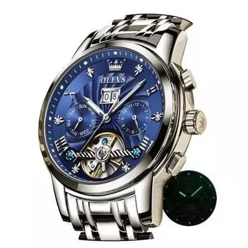 OLEVS Мужские популярные синие автоматические часы-скелетоны, стильные наручные часы с люминесцентным календарем и датой, водонепроницаемые, синего цвета