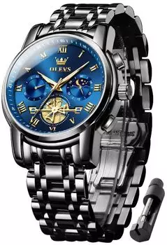 OLEVS Мужские стильные часы-хронограф Мужские деловые популярные брендовые большие легко читаемые аналоговые водонепроницаемые кварцевые наручные часы (Черный Синий)