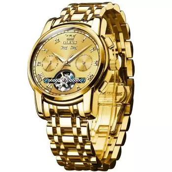 OLEVS Мужские золотые часы Стильные автоматические водонепроницаемые светящиеся деловые часы-скелетоны с датой Популярный бренд
