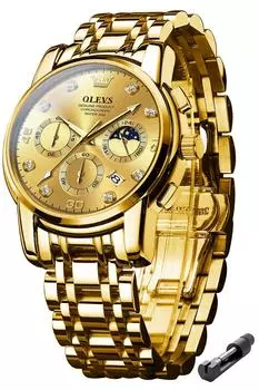 OLEVS Мужские золотые модные водонепроницаемые светящиеся часы-хронограф с фазами Луны, браслет из нержавеющей стали, сапфировое стекло, золотые часы для мужчин