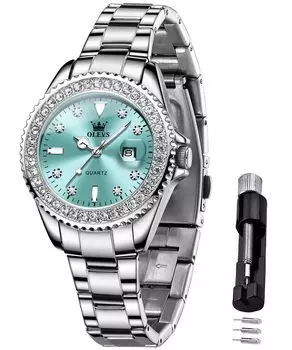OLEVS Нержавеющая Японская Алмазная Легкая 30M Water Подарочные часы для Женских часов Светло-Голубого Цвета, Сталь, Кварцевый, Циферблат, Светящийся, Читаемый, Устойчивый, Популярный, светло-синий