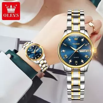 OLEVS New Fashion Women Quartz Watch Waterproof Classic Luxury Brand Lady Watch Stainless Steel Strap Watches синий/золотой