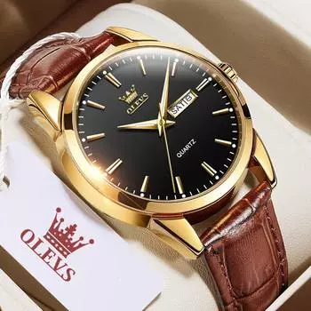 OLEVS новые модные повседневные деловые мужские кварцевые часы с кожаным ремешком golden case white dial