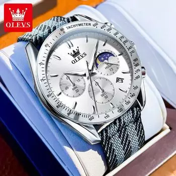OLEVS Новые роскошные мужские часы, модные, с нейлоновым ремешком из ткани, оригинальные кварцевые часы для мужчин, с фазами Луны, хронограф, многофункциональные мужские часы белый
