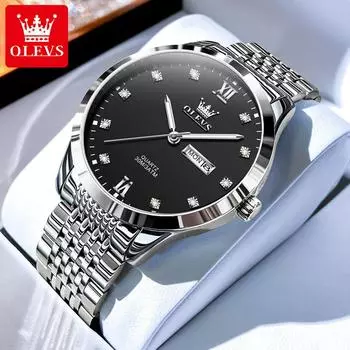 OLEVS Оригинальные деловые кварцевые часы для мужчин с календарем на неделю, наручные часы из нержавеющей стали, водонепроницаемые, светящиеся часы белый/золотой