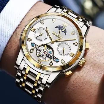 OLEVS оригинальные новые автоматические механические наручные часы для мужчин Неделя Месяц MoonsWatch Нержавеющая сталь 30 м Водонепроницаемые часы Спортивные часы