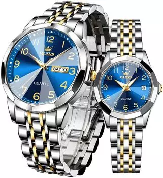 OLEVS Pair Watch Popular Pair Watch Quartz Stylish Stainless Steel Waterproof Date Luminous Analog Easy to Read Dial White Present couple watch2)