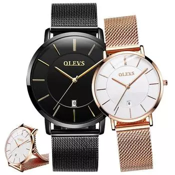 OLEVS Парные часы Парные часы Популярный подарок Ультратонкий японский кварцевый механизм Сетка Подарок девушке Подарок на День святого Валентина (Черно-белый)